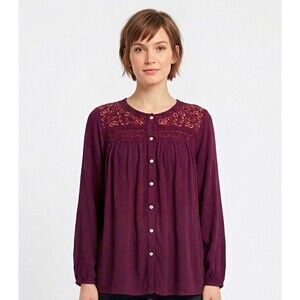 Cafe Marrakesh Womens Peasant Top 1X  Purple Embroidered Lace pintucks boho